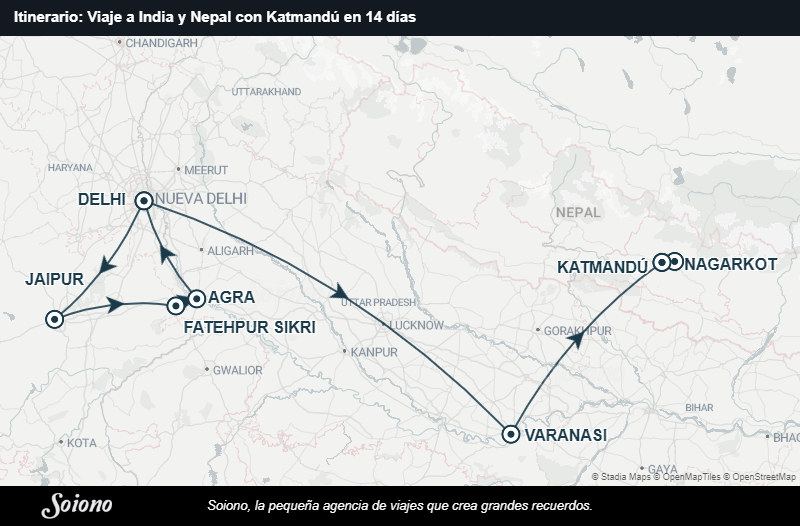 Mapa del itinerario del viaje: Viaje a India y Nepal con Katmandú en 14 días