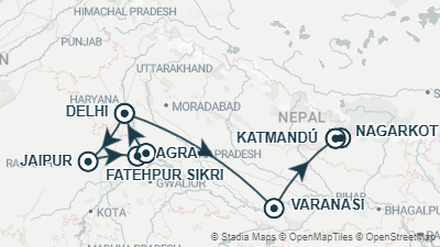 Mapa: Viaje a India y Nepal con Katmandú en 14 días