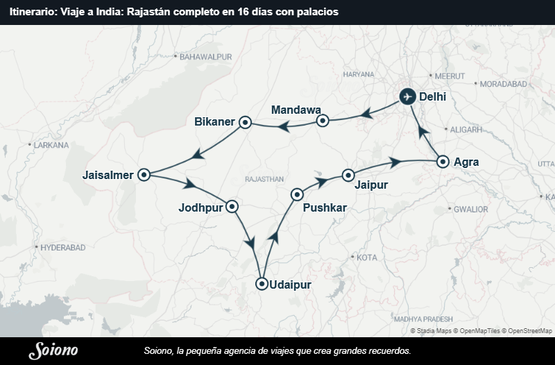 Mapa del itinerario del viaje: Viaje a India: Rajastán completo en 16 días con palacios