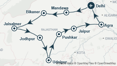 Mapa: Viaje a India: Rajastán completo en 16 días con palacios