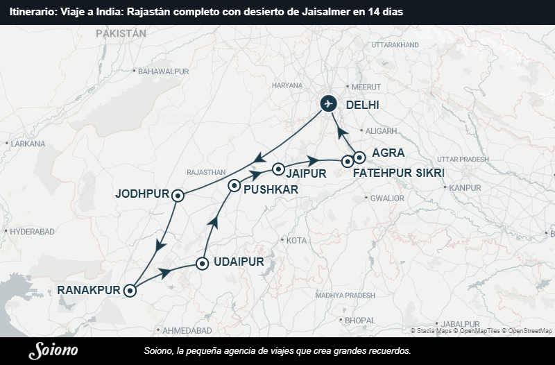 Mapa del itinerario del viaje: Viaje a India: Rajastán completo con desierto de Jaisalmer en 14 días