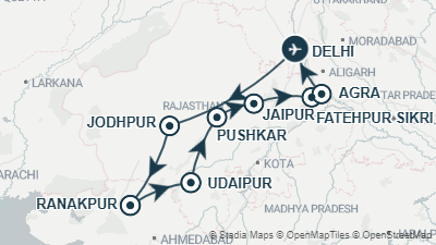 Mapa: Viaje a India: Rajastán completo con desierto de Jaisalmer en 14 días