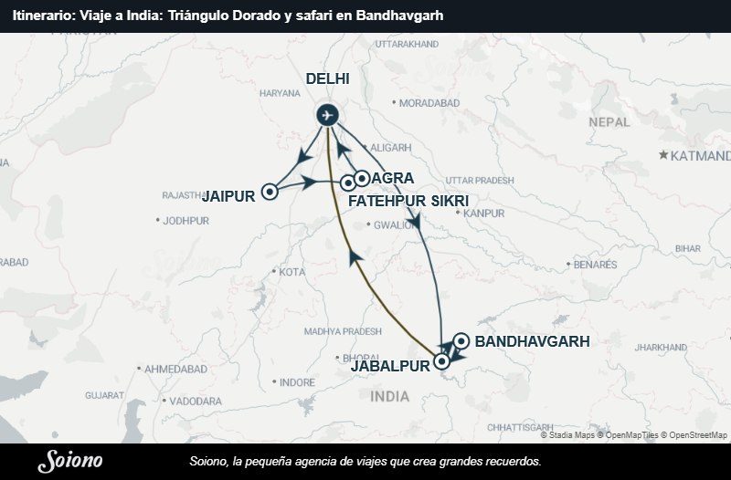 Mapa del itinerario del viaje: Viaje a India: Triángulo Dorado y safari en Bandhavgarh