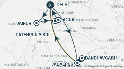 Mapa: Viaje a India: Triángulo Dorado y safari en Bandhavgarh