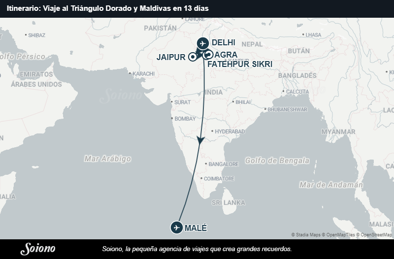 Mapa del itinerario del viaje: Viaje al Triángulo Dorado y Maldivas en 13 días