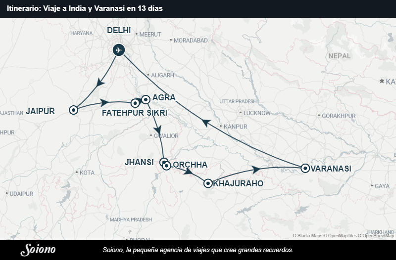 Mapa del itinerario del viaje: Viaje a India y Varanasi en 13 días