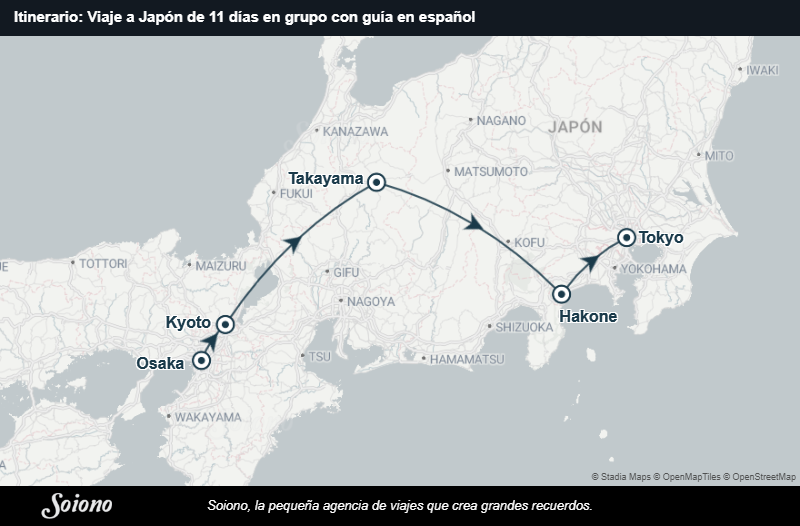 Mapa del itinerario del viaje: Viaje a Japón de 11 días en grupo con guía en español