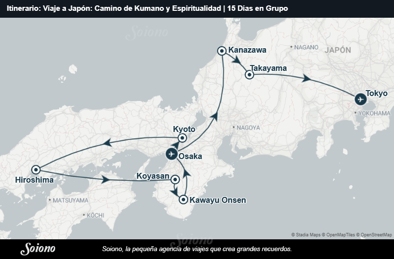Mapa del itinerario del viaje: Viaje a Japón: Camino de Kumano y Espiritualidad | 15 Días en Grupo