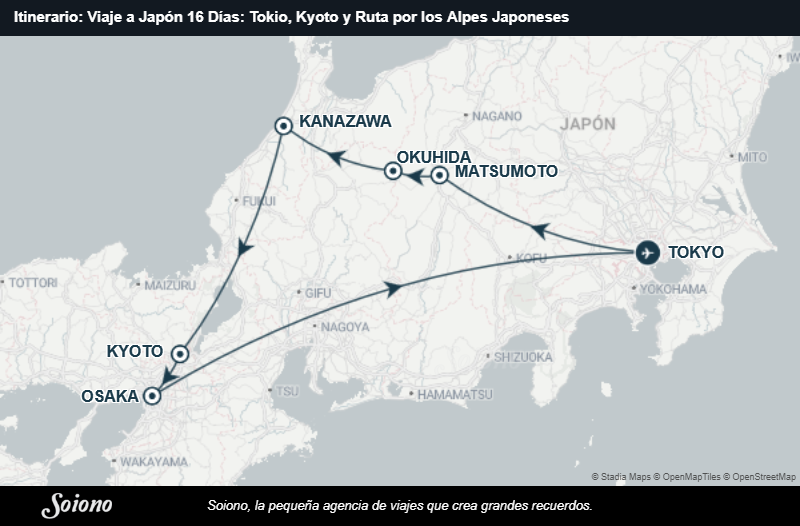 Mapa del itinerario del viaje: Viaje a Japón 16 Días: Tokio, Kyoto y Ruta por los Alpes Japoneses
