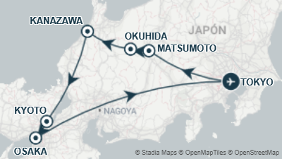 Mapa: Viaje a Japón 16 Días: Tokio, Kyoto y Ruta por los Alpes Japoneses