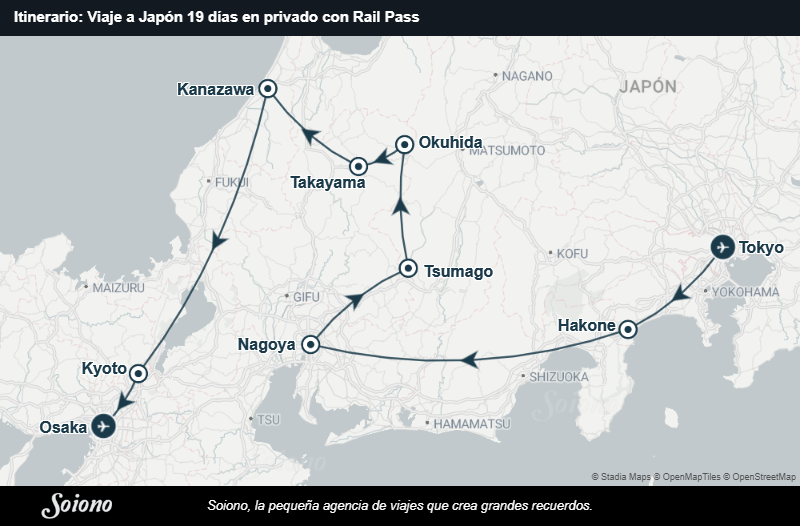 Mapa del itinerario del viaje: Viaje a Japón 19 días en privado con Rail Pass