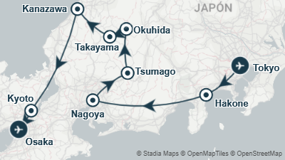 Mapa: Viaje a Japón 19 días en privado con Rail Pass