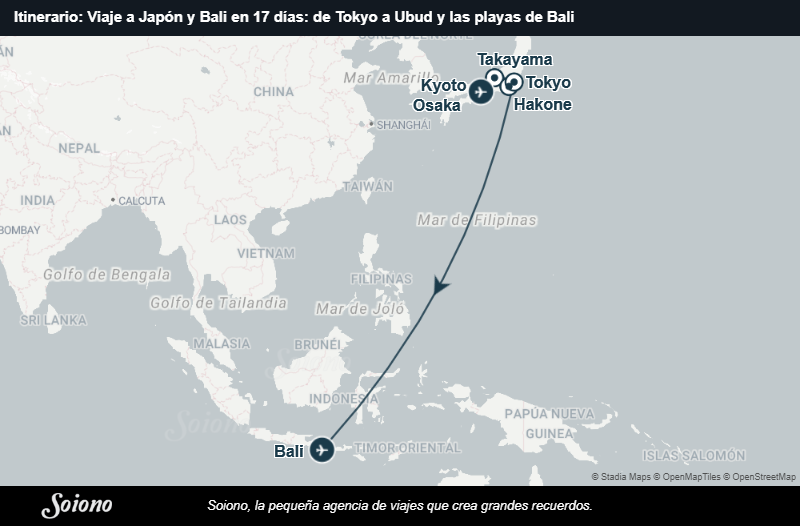 Mapa del itinerario del viaje: Viaje a Japón y Bali en 17 días: de Tokyo a Ubud y las playas de Bali