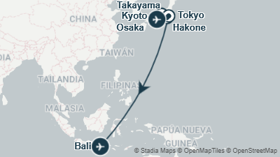 Mapa: Viaje a Japón y Bali en 17 días: de Tokyo a Ubud y las playas de Bali