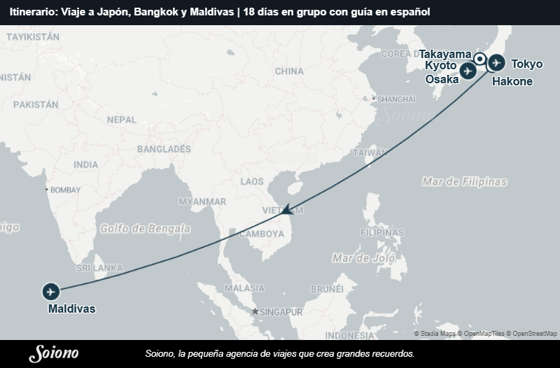Mapa del itinerario del viaje: Viaje a Japón, Bangkok y Maldivas | 18 días en grupo con guía en español