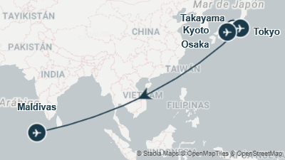 Mapa: Viaje a Japón, Bangkok y Maldivas | 18 días en grupo con guía en español