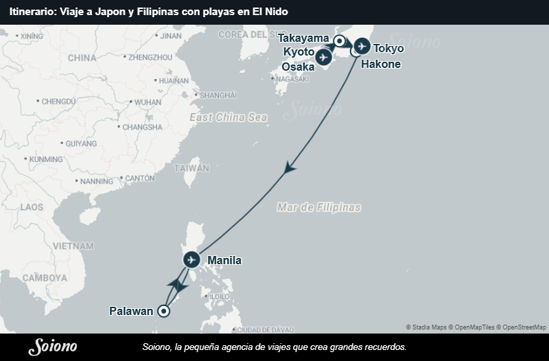 Mapa del itinerario del viaje: Viaje a Japón y Filipinas con playas en El Nido