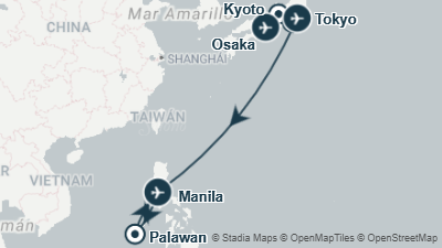Mapa: Viaje a Japón y Filipinas con playas en El Nido