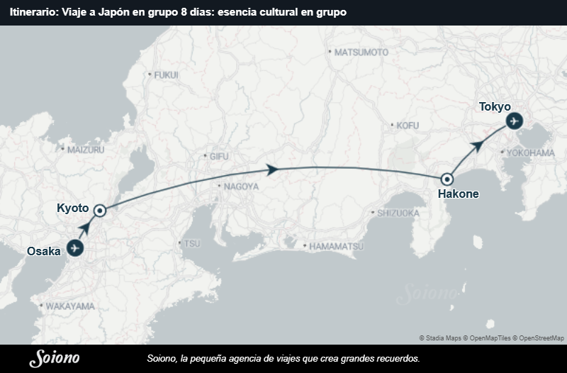 Mapa del itinerario del viaje: Viaje a Japón en grupo 8 días: esencia cultural en grupo
