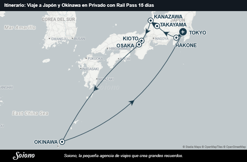 Mapa del itinerario del viaje: Viaje a Japón y Okinawa en Privado con Rail Pass 15 días