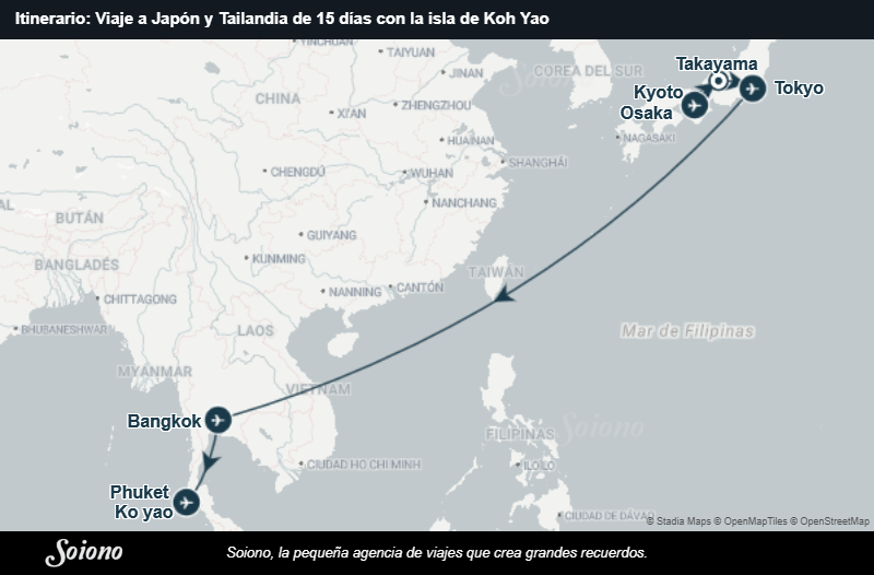 Mapa del itinerario del viaje: Viaje a Japón y Tailandia de 15 días con la isla de Koh Yao