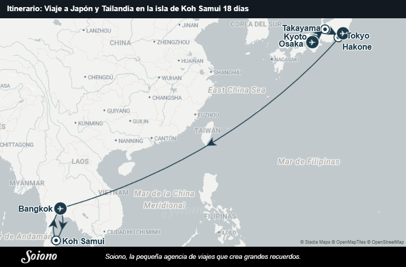 Mapa del itinerario del viaje: Viaje a Japón y Tailandia en la isla de Koh Samui 18 días
