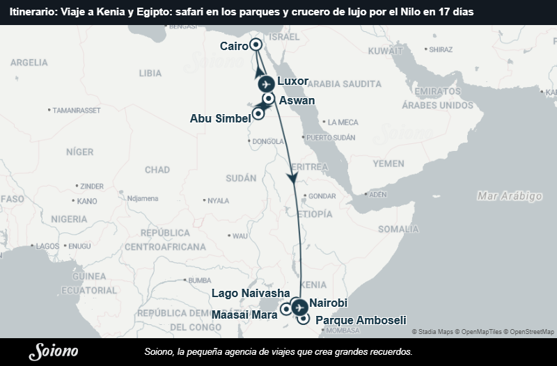 Mapa del itinerario del viaje: Viaje a Kenia y Egipto: safari en los parques y crucero de lujo por el Nilo en 17 días