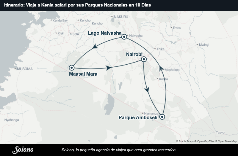 Mapa del itinerario del viaje: Viaje a Kenia safari por sus Parques Nacionales en 10 Días