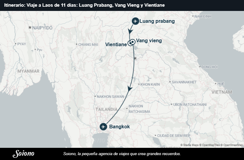 Mapa del itinerario del viaje: Viaje a Laos de 11 días: Luang Prabang, Vang Vieng y Vientiane