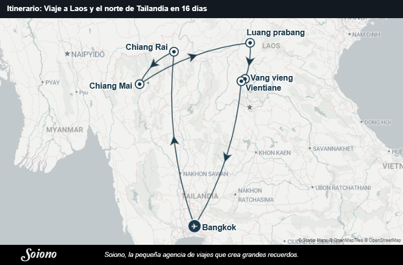Mapa del itinerario del viaje: Viaje a Laos y el norte de Tailandia en 16 días