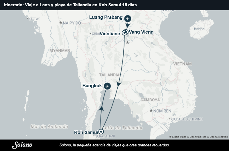 Mapa del itinerario del viaje: Viaje a Laos y playa de Tailandia en Koh Samui 15 días