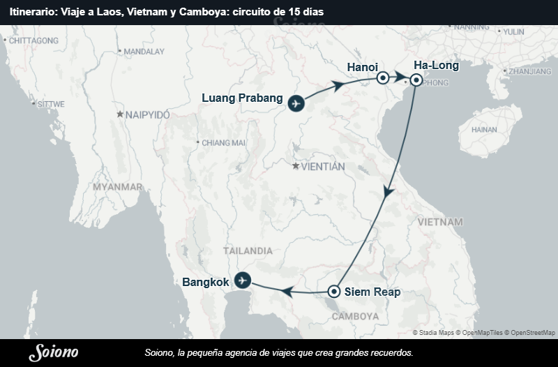 Mapa del itinerario del viaje: Viaje a Laos, Vietnam y Camboya: circuito de 15 días