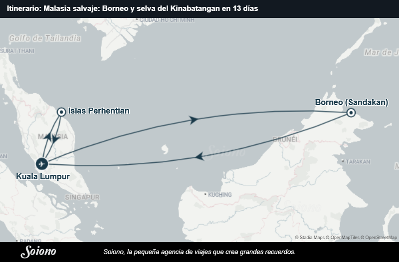 Mapa del itinerario del viaje: Malasia salvaje: Borneo y selva del Kinabatangan en 13 días