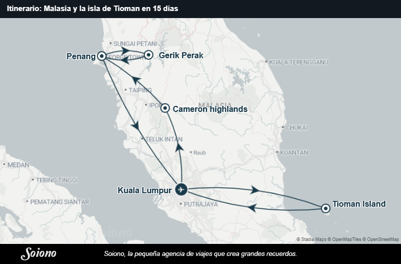 Mapa del itinerario del viaje: Malasia y la isla de Tioman en 15 días