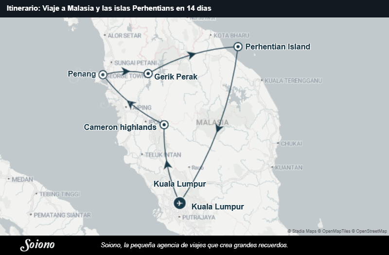 Mapa del itinerario del viaje: Viaje a Malasia y las islas Perhentians en 14 días