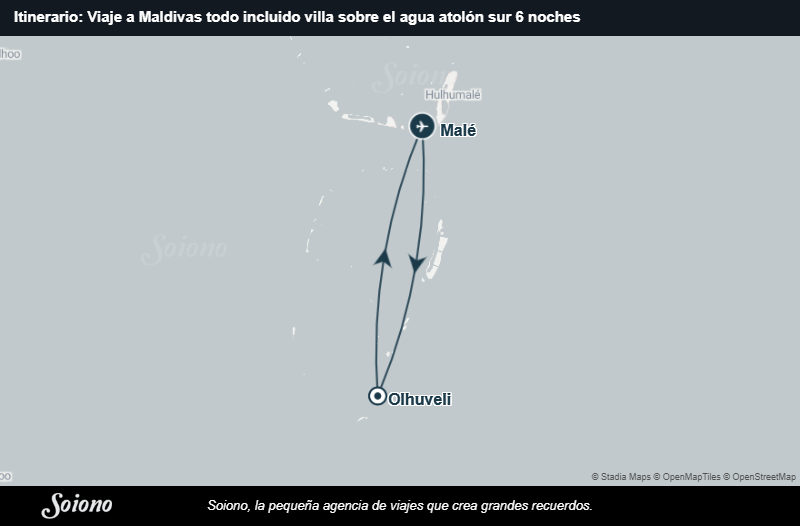 Mapa del itinerario del viaje: Viaje a Maldivas todo incluido villa sobre el agua atolón sur 6 noches