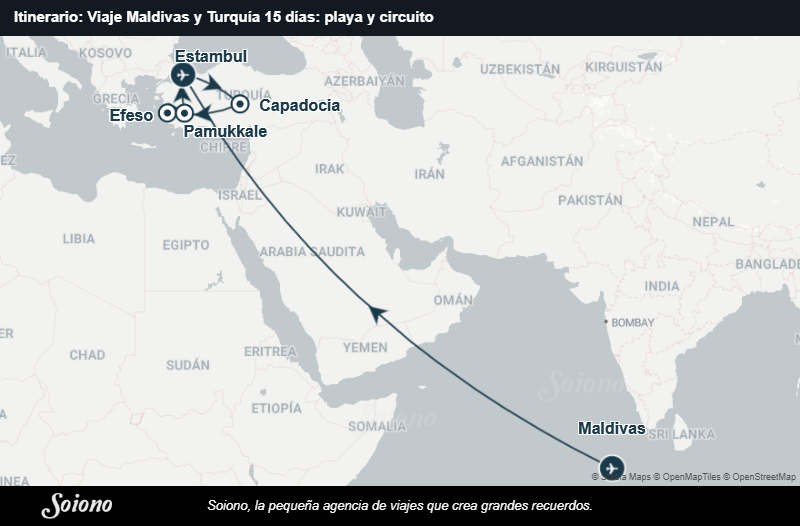 Mapa del itinerario del viaje: Viaje Maldivas y Turquía 15 días: playa y circuito
