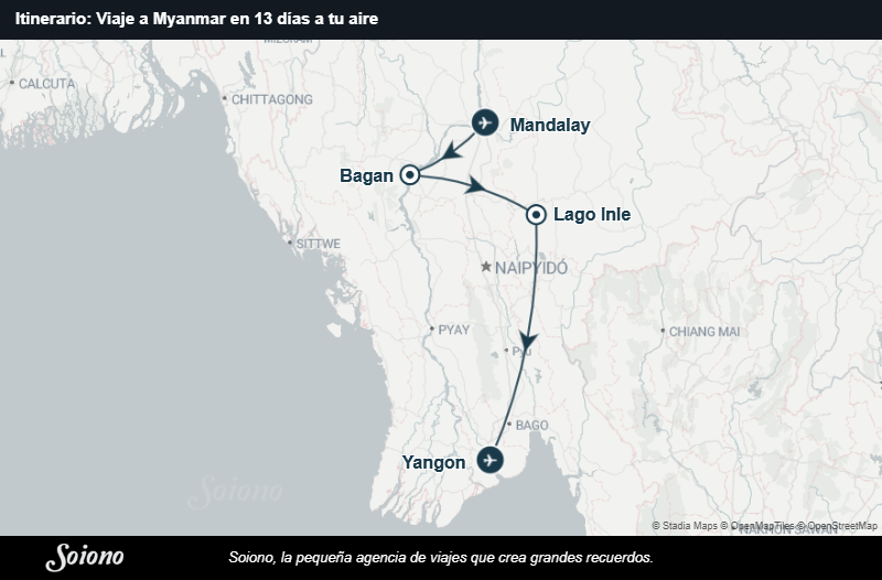 Mapa del itinerario del viaje: Viaje a Myanmar en 13 días a tu aire