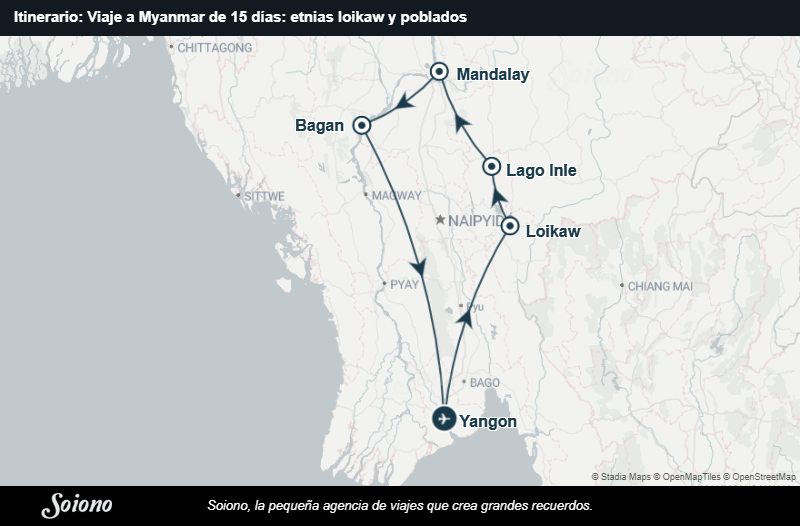 Mapa del itinerario del viaje: Viaje a Myanmar de 15 días: etnias Loikaw y poblados