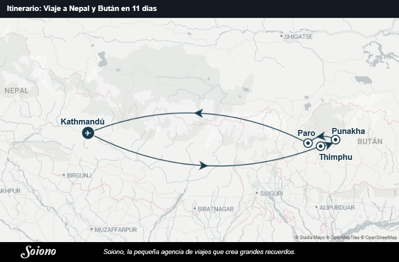 Mapa del itinerario del viaje: Viaje a Nepal y Bután en 11 días