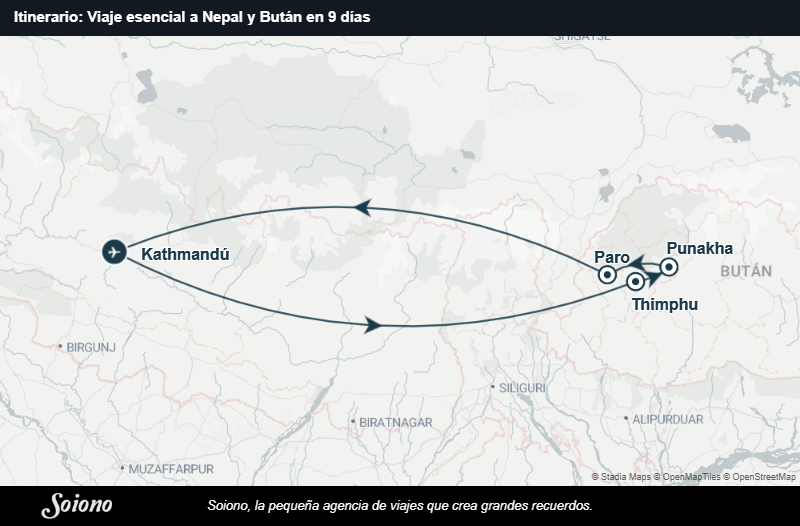 Mapa del itinerario del viaje: Viaje esencial a Nepal y Bután en 9 días