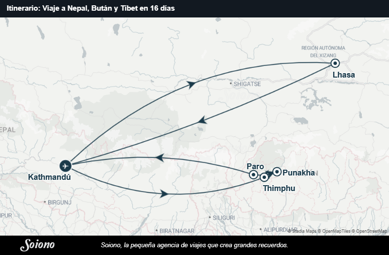 Mapa del itinerario del viaje: Viaje a Nepal, Bután y Tíbet en 16 días