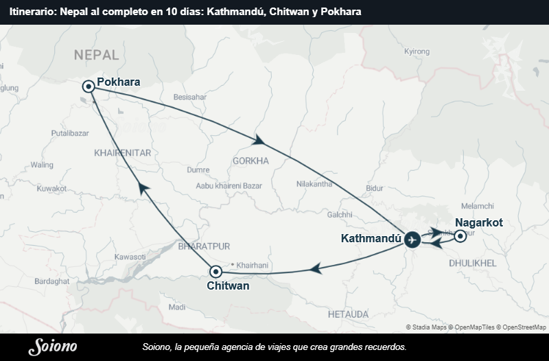 Mapa del itinerario del viaje: Nepal al completo en 10 días: Kathmandú, Chitwan y Pokhara