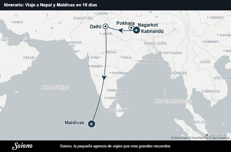Mapa del itinerario del viaje: Viaje a Nepal y Maldivas en 15 días