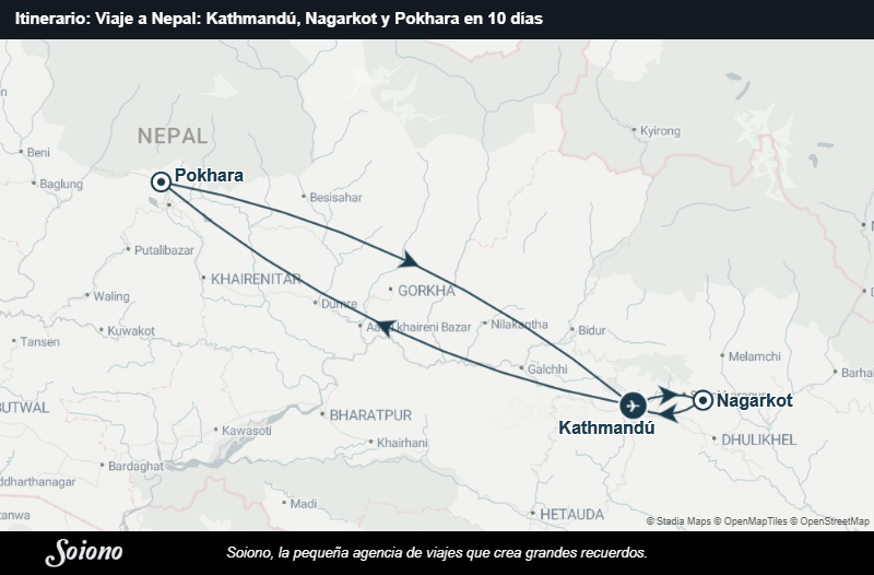Mapa del itinerario del viaje: Viaje a Nepal: Kathmandú, Nagarkot y Pokhara en 10 días