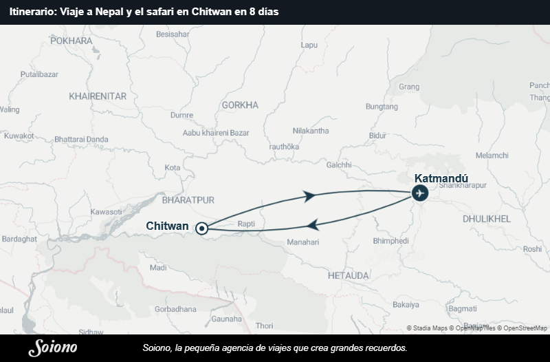 Mapa del itinerario del viaje: Viaje a Nepal y el safari en Chitwan en 8 días