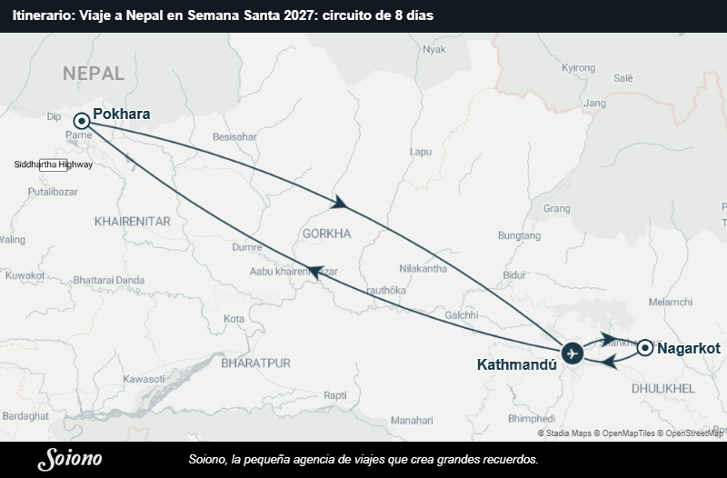 Mapa del itinerario del viaje: Viaje a Nepal en Semana Santa 2027: circuito de 8 días