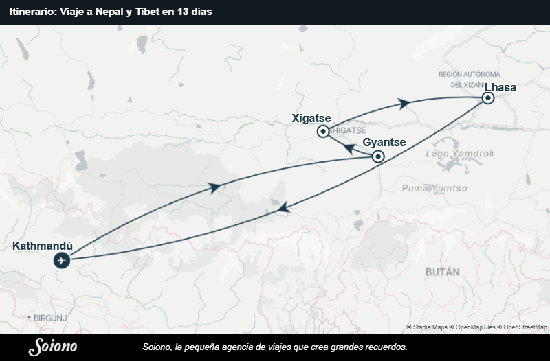 Mapa del itinerario del viaje: Viaje a Nepal y Tibet en 13 días