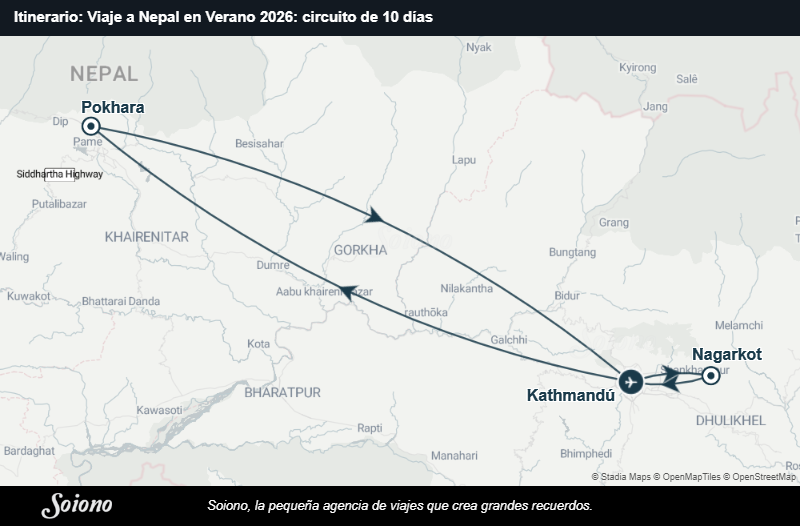 Mapa del itinerario del viaje: Viaje a Nepal en Verano 2026: circuito de 10 días