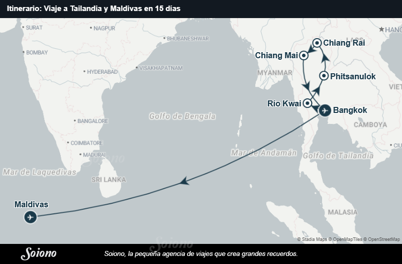 Mapa del itinerario del viaje: Viaje a Tailandia y Maldivas en 15 días